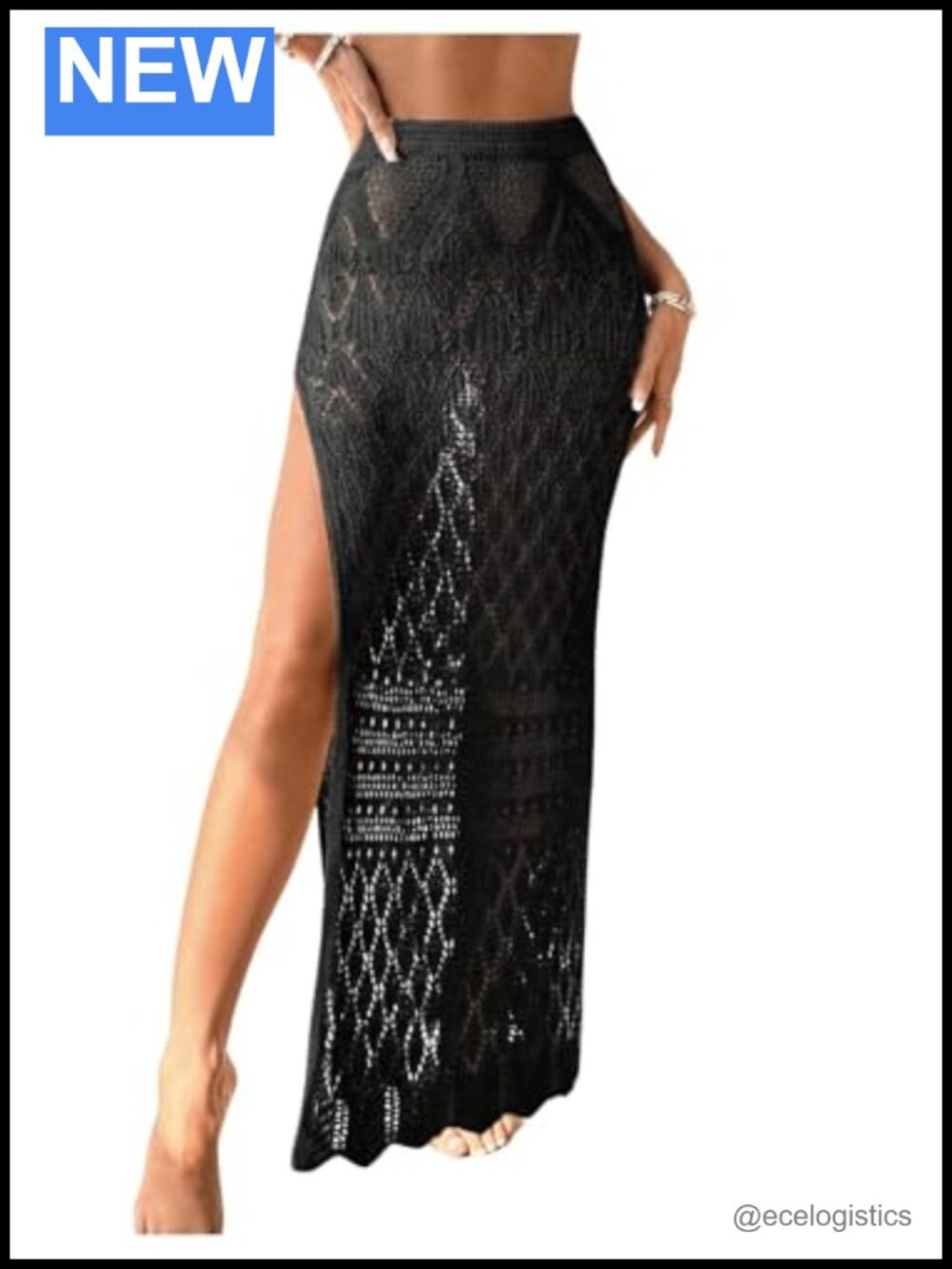 Maxi Length Sheer Crochet Knit Beach Cover Up Skirt High Slit Swimsuit Cover